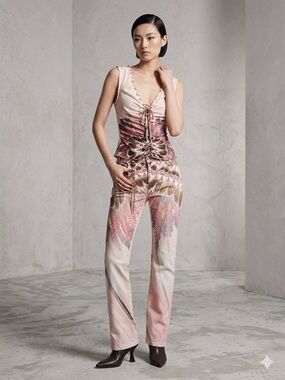 Roberto Cavalli Sleeveless Wide-Leg Printed pants and top set  in Pink and Brown